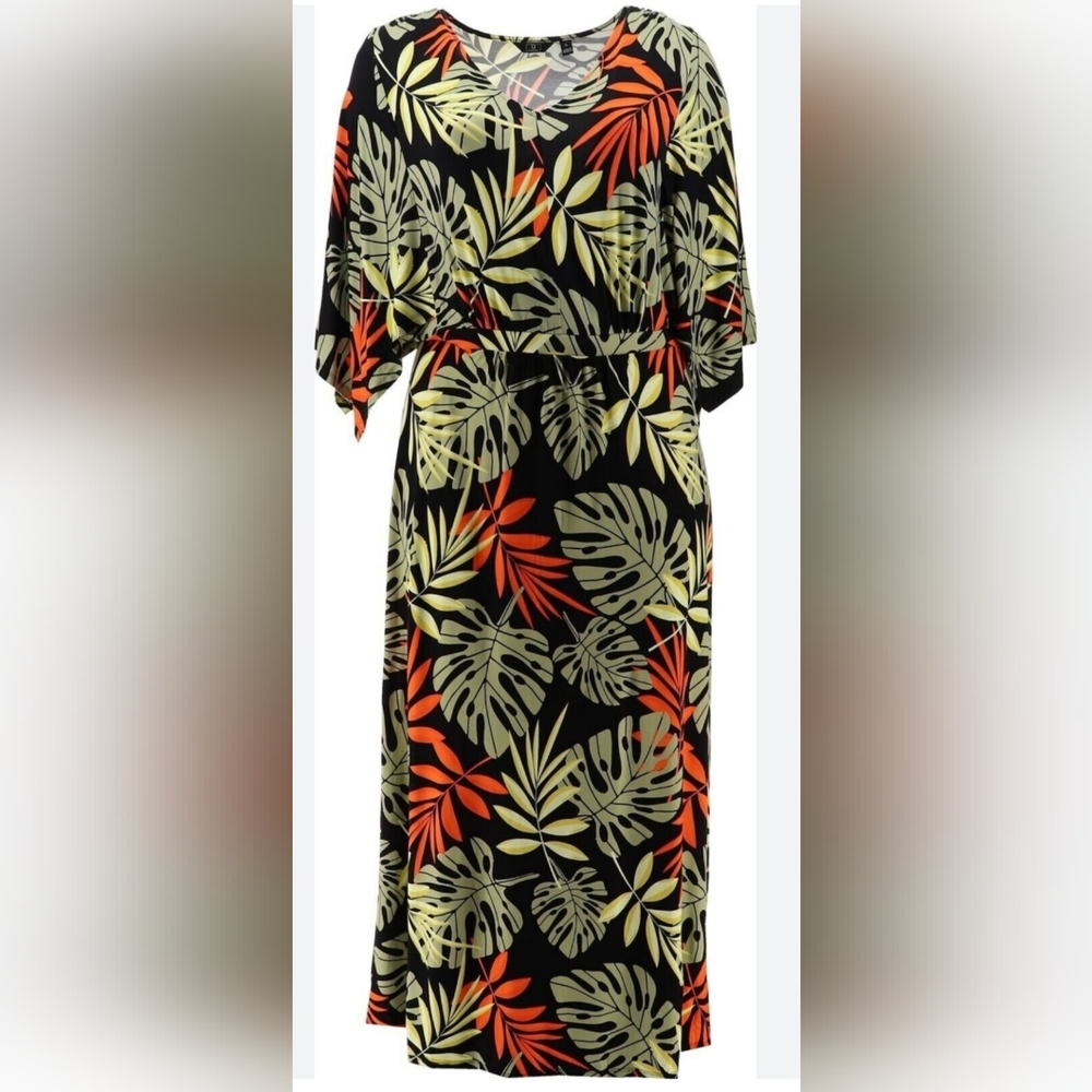 By Giuliana Dress Black Tropical Leaf Print Flowy Stretch Size S (New)
